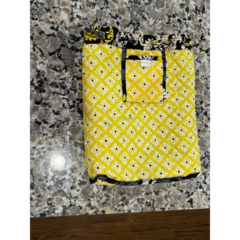 Vera Bradley Provencal‎ Quilted Drawstring Backpack Yellow Black Floral Damask